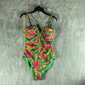 Sanctuary Swim Women's Swimsuite M One Piece Shirred Front Floral‎ Print Green